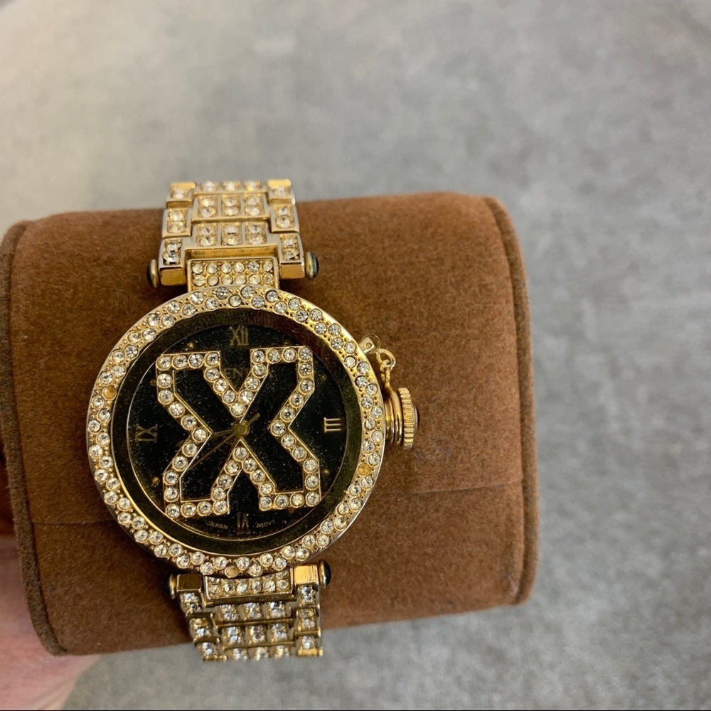 Geneva gold Swarovski crystal rhinestone Embellished band and round face watch